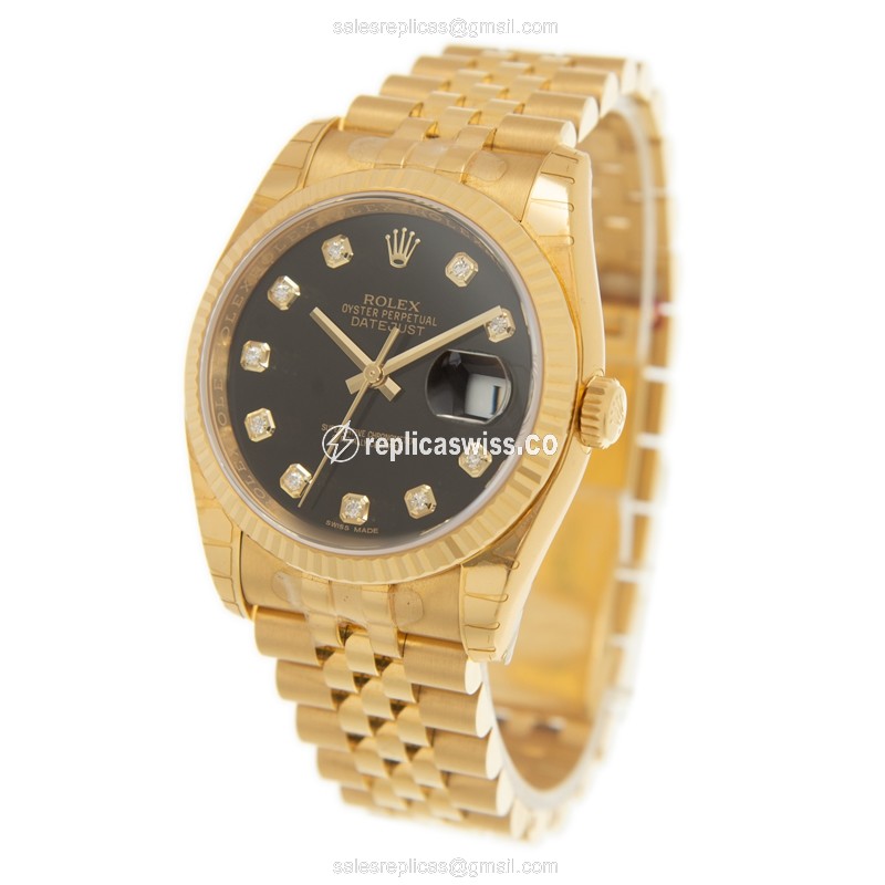 Rolex Datejust Replica - Automatic - 18kt Gold - Black Dial, Gold Clasp - View 3