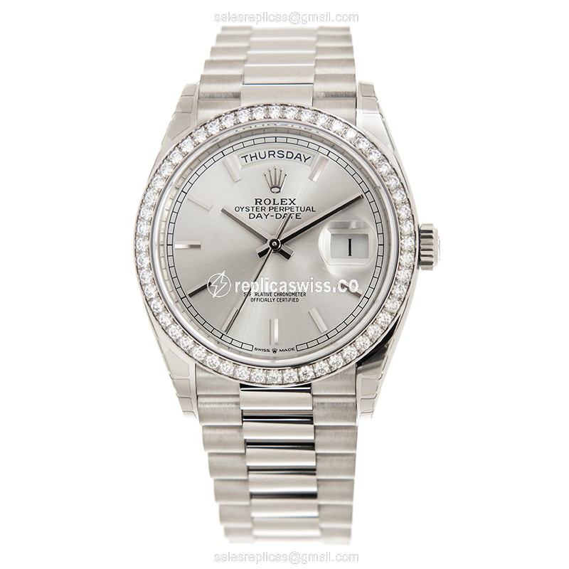 Rolex DAY-DATE Replica - Automatic - White Gold Case - Diamond Bezel - Silver Dial - View 2