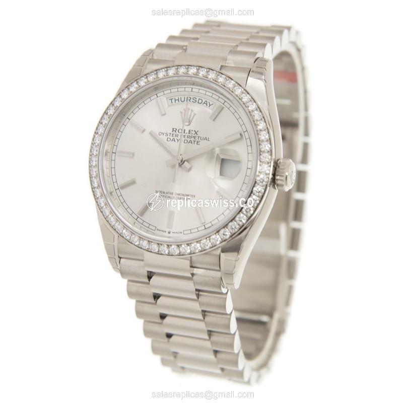 Rolex DAY-DATE Replica - Automatic - White Gold Case - Diamond Bezel - Silver Dial - View 3