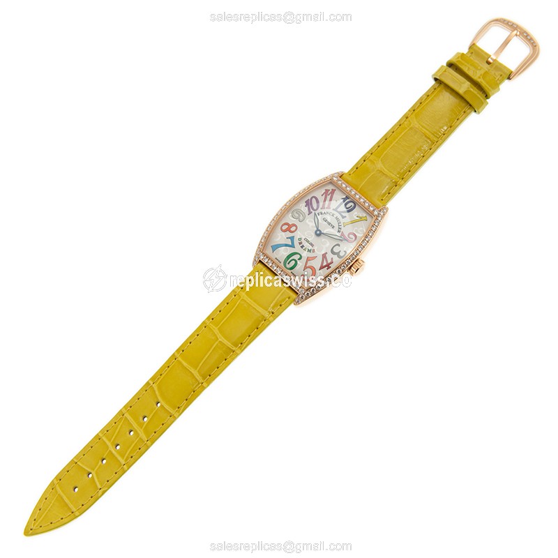 Franck Muller Replica - 18kt Rose Gold - Diamond - Quartz - Silver Dial - Alligator Yellow - View 2