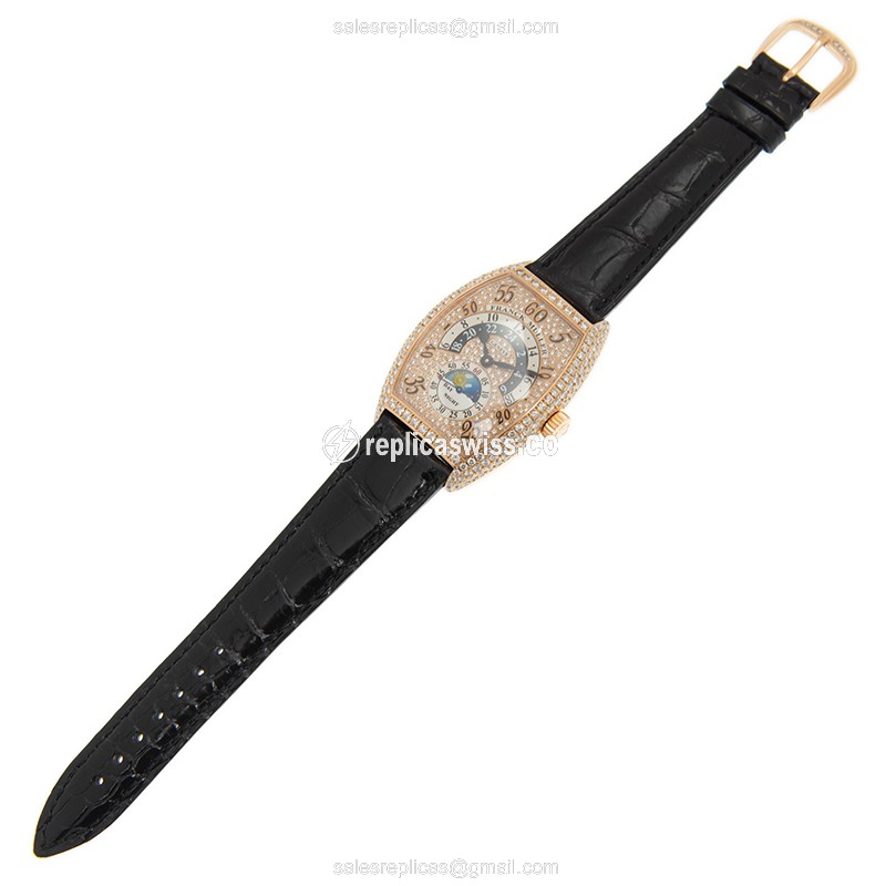 Franck Muller 7880 Replica - Automatic - Rose Gold Case - Diamond Bezel - Black Alligator Strap - View 2