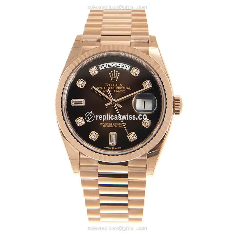 Rolex DAY-DATE Replica - Automatic - 18kt Rose Gold - Brown Dial - Gold Clasp & Strap - View 2