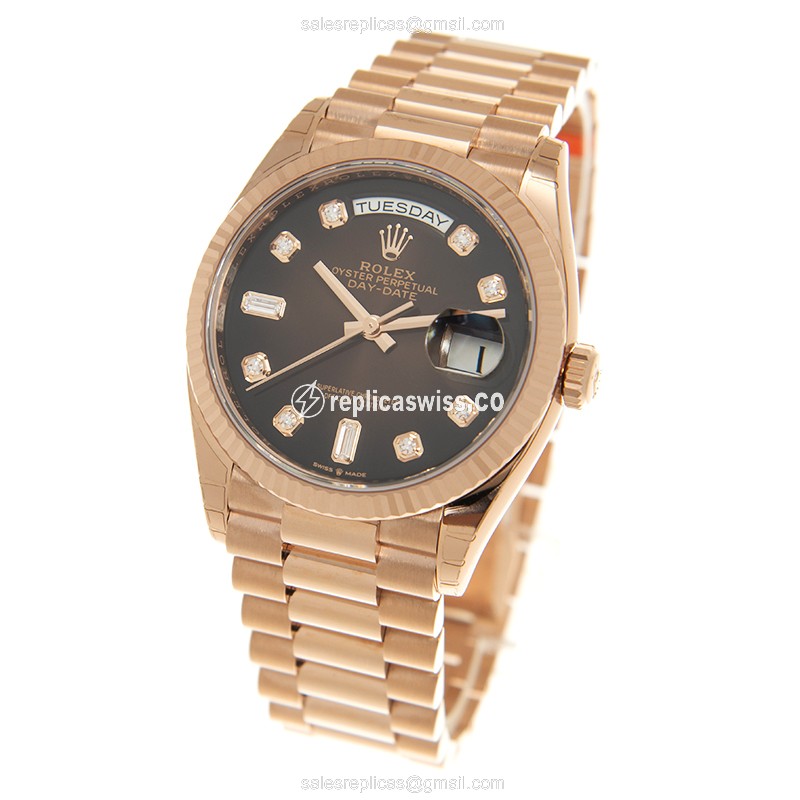 Rolex DAY-DATE Replica - Automatic - 18kt Rose Gold - Brown Dial - Gold Clasp & Strap - View 3