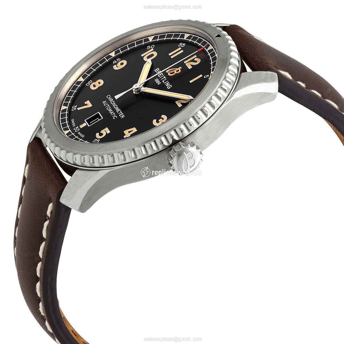 Breitling AVIATOR 8 Replica - Automatic - Steel Case - Black Dial - Brown Cowhide Strap - View 2