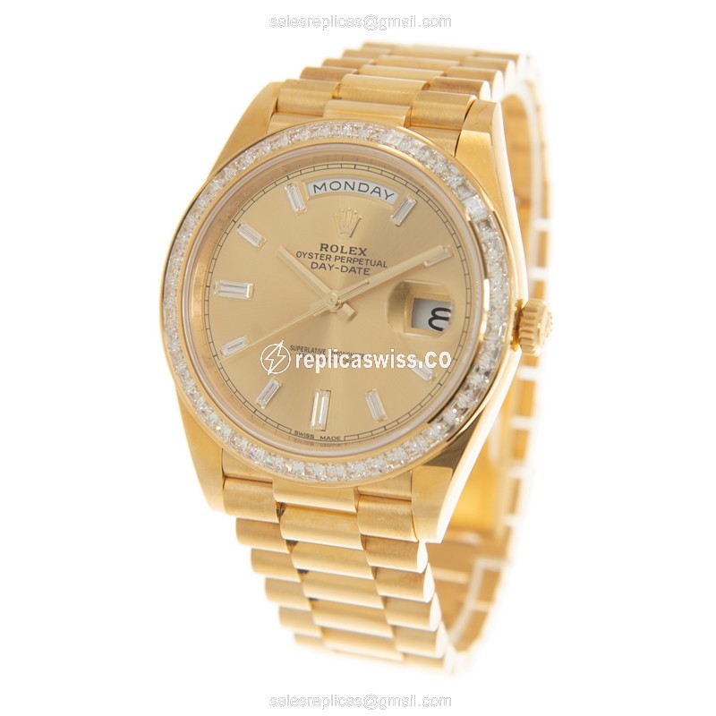 Rolex DAY-DATE Replica - Automatic - 18kt Gold Case, Diamond Bezel - Gold Dial - View 3