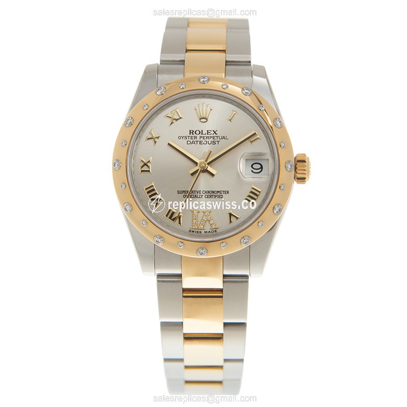 Rolex Datejust Replica - Automatic - 18kt Gold - Silver Dial, Diamond Bezel - View 2