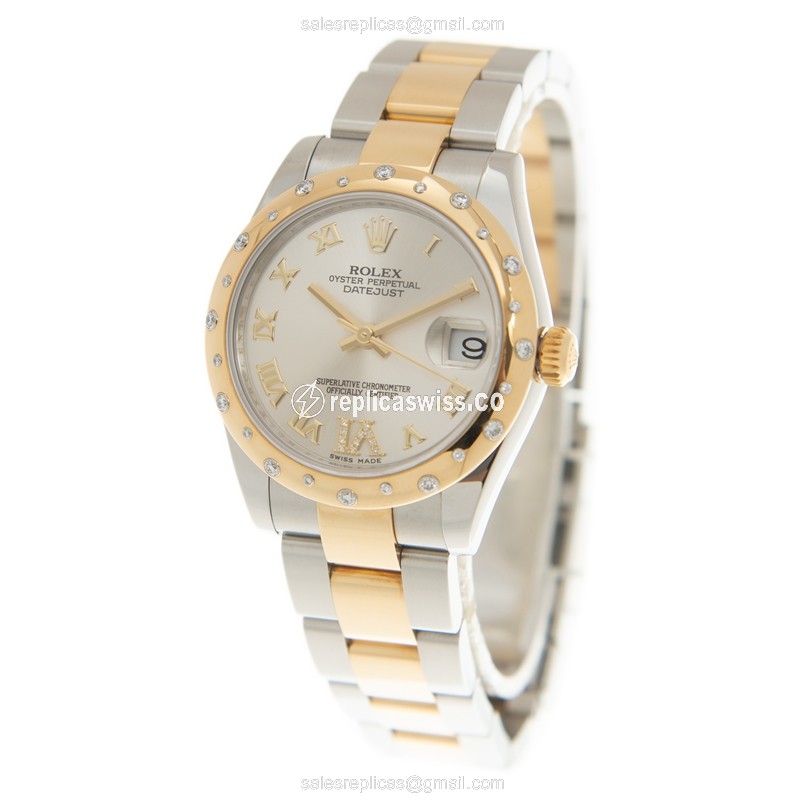 Rolex Datejust Replica - Automatic - 18kt Gold - Silver Dial, Diamond Bezel - View 3