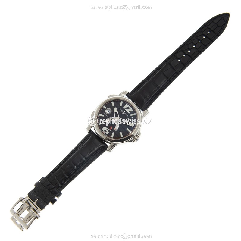 Ulysse Nardin 243-55/62 Replica - Dual Time - Automatic - Steel Case - Black Dial, Leather Strap - Buckle Clasp - View 2