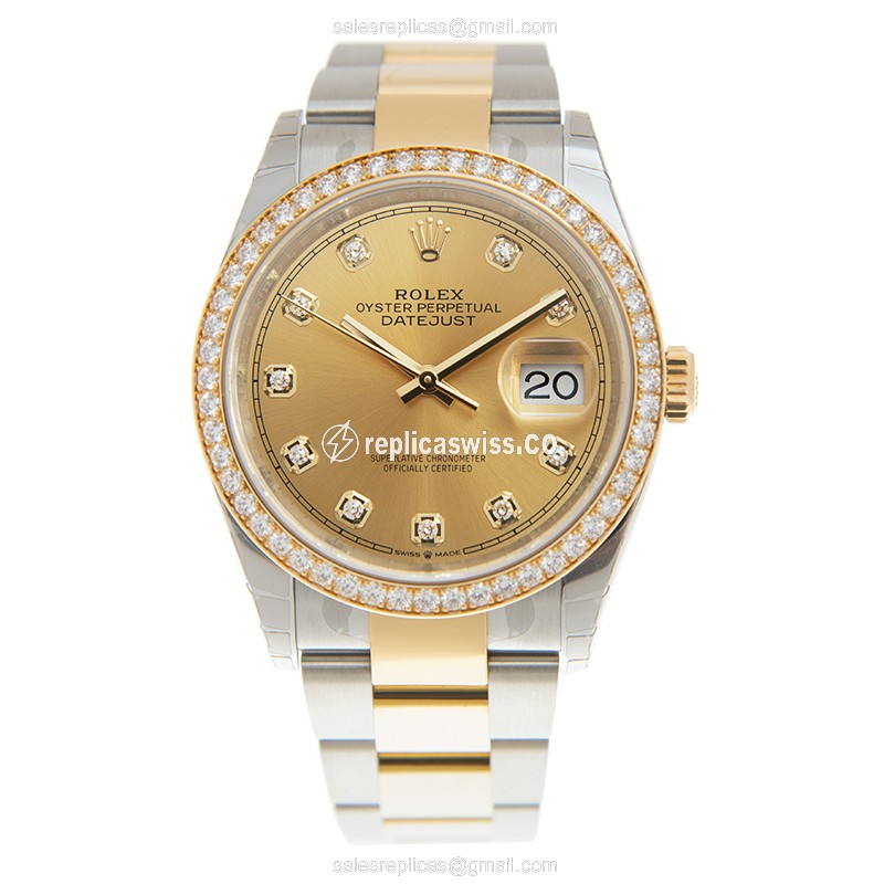 Rolex DATEJUST Replica: 18kt Gold Case, Diamond Accents - Automatic, Gold & Steel Band - View 2