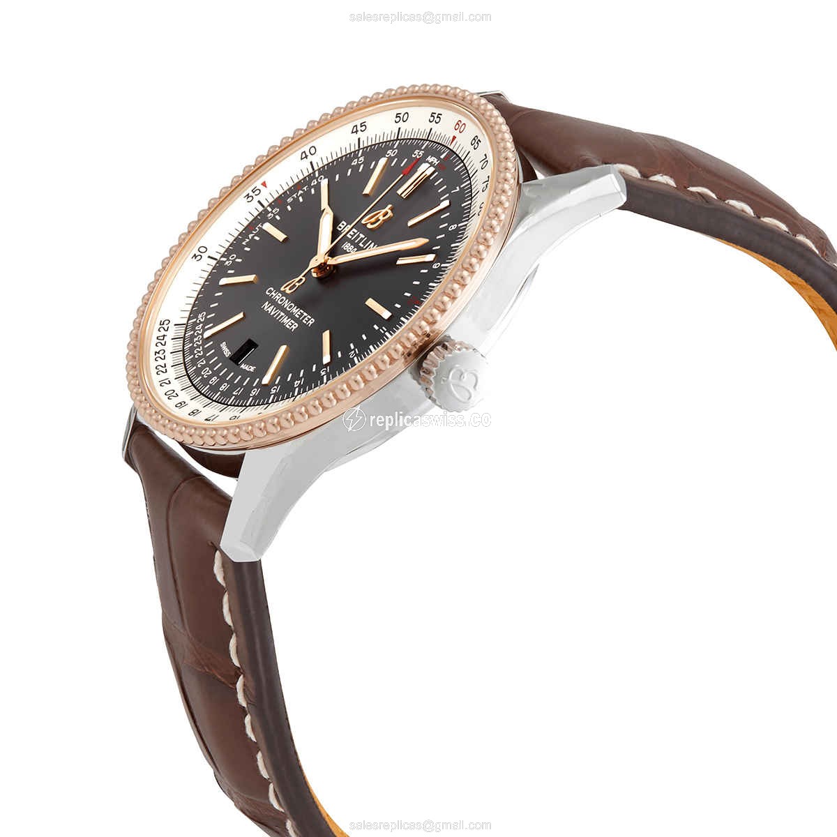 Navitimer 1 Replica - Automatic - Steel Case - Black Dial on Brown Alligator Strap - View 2