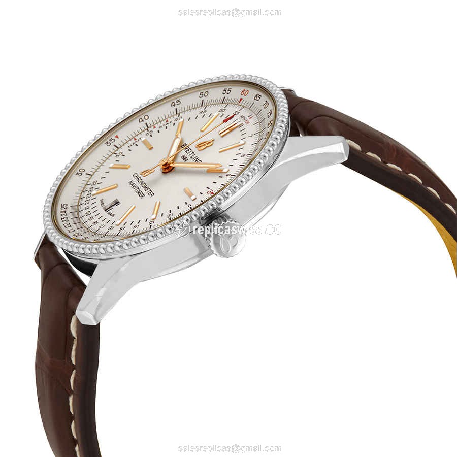 Breitling A17326211G1P1 NAVITIMER 1 - Automatic - Steel Case - Silver Dial - Brown Alligator Strap - View 2