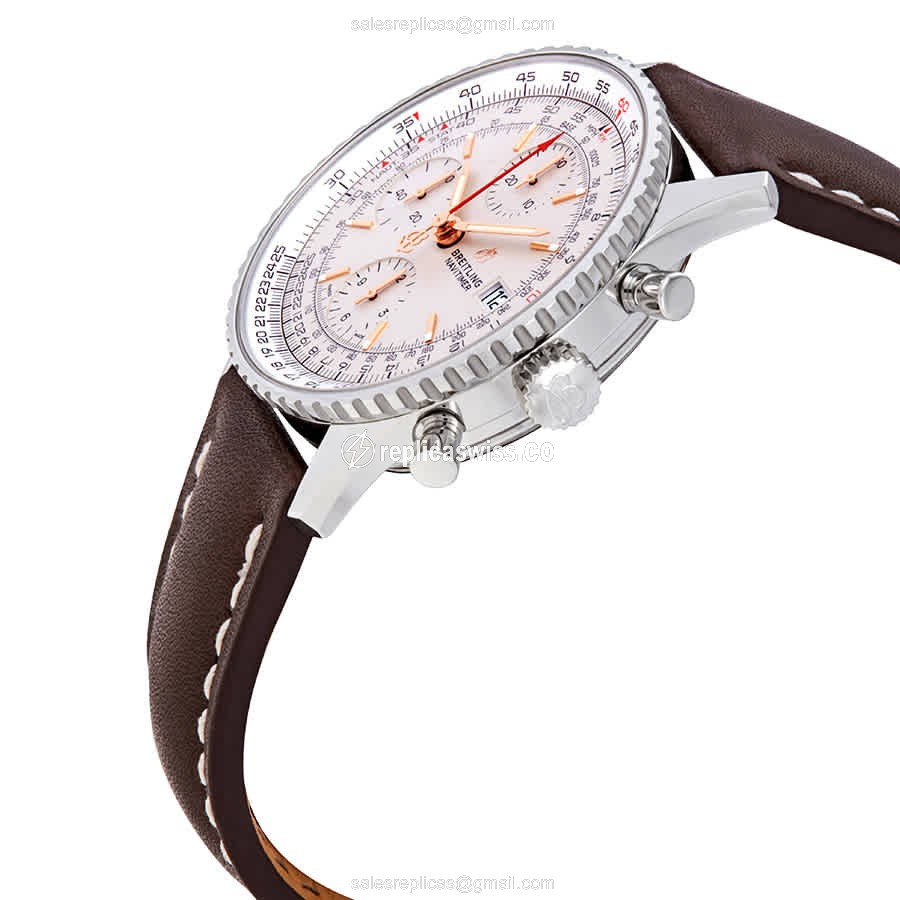 Breitling NAVITIMER 1 Replica - Automatic - Stainless Steel - Silver Dial - Brown Leather Strap - View 2