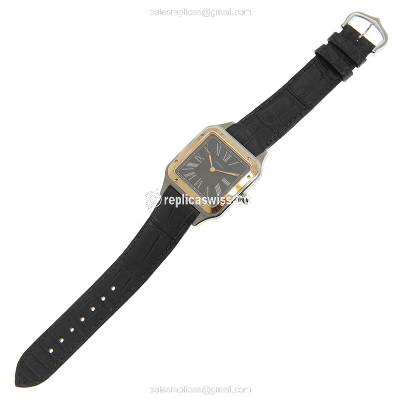 Cartier Santos Replica - Automatic - 18kt Gold & Steel - Dark Grey Dial - Grey Alligator Strap - View 2