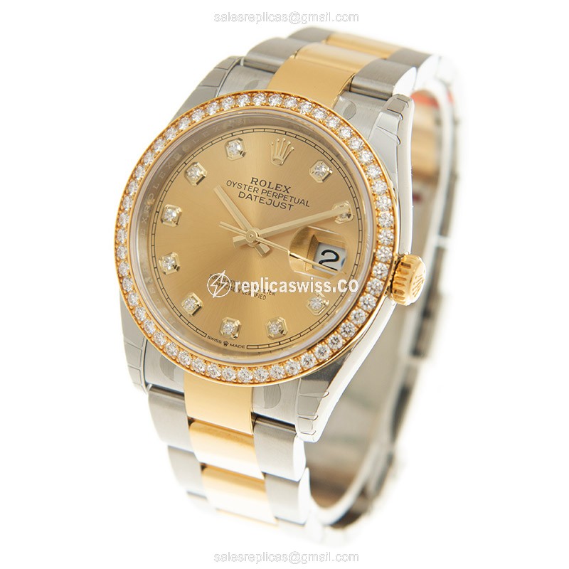Rolex DATEJUST Replica: 18kt Gold Case, Diamond Accents - Automatic, Gold & Steel Band - View 3