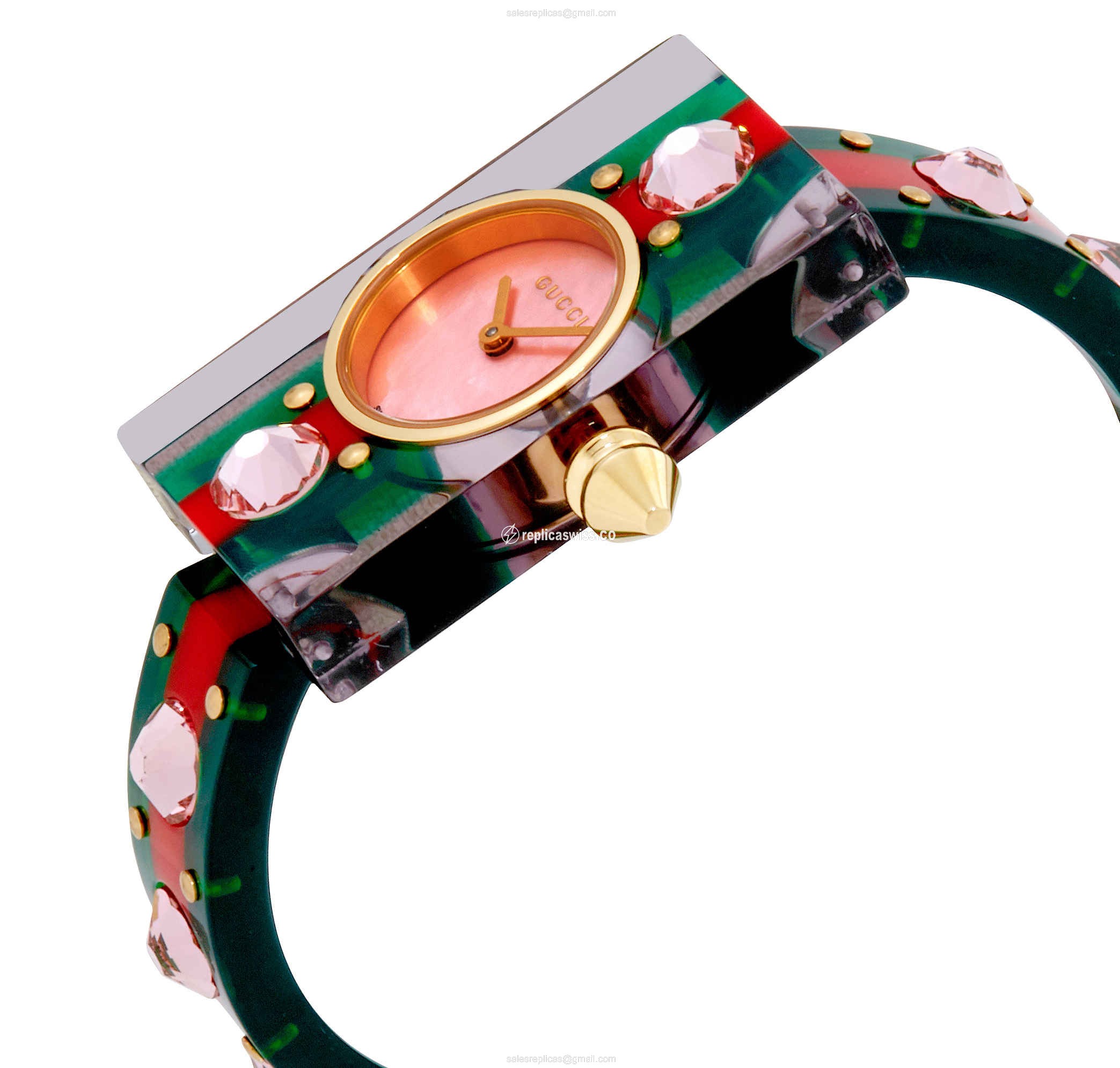 Gucci YA143525 Vintage Quartz Resin - Pink Dial - Green Resin Bangle - View 2