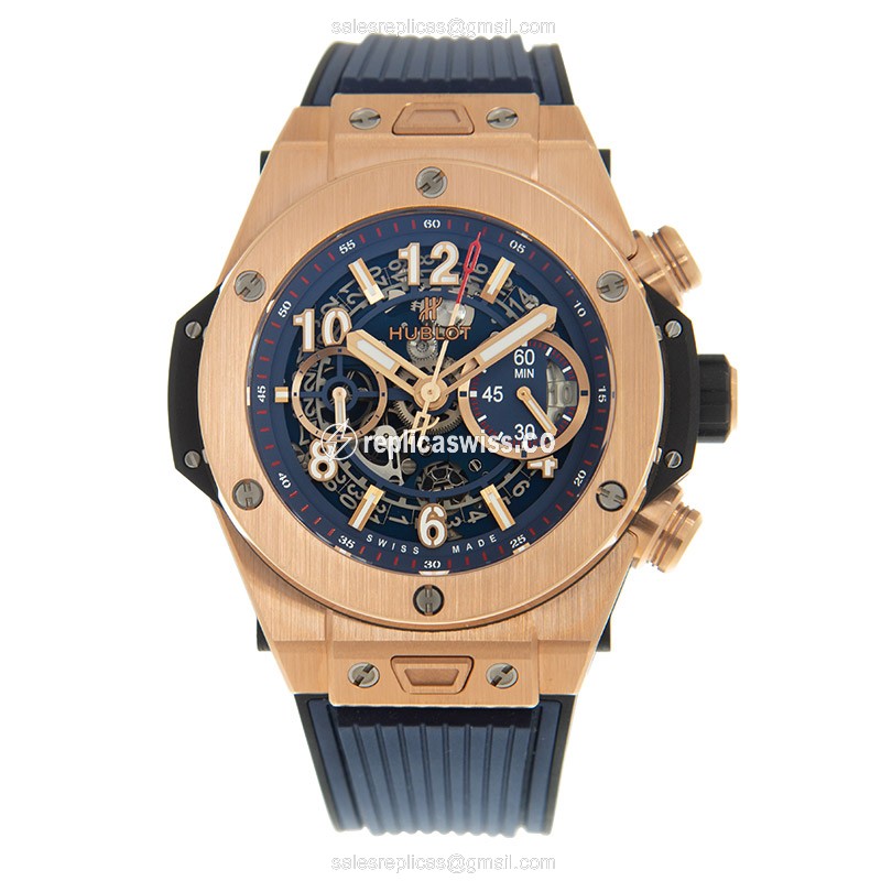 Hublot BIG BANG Replica - Automatic 18kt Rose Gold - Blue Dial & Rubber Strap - View 2