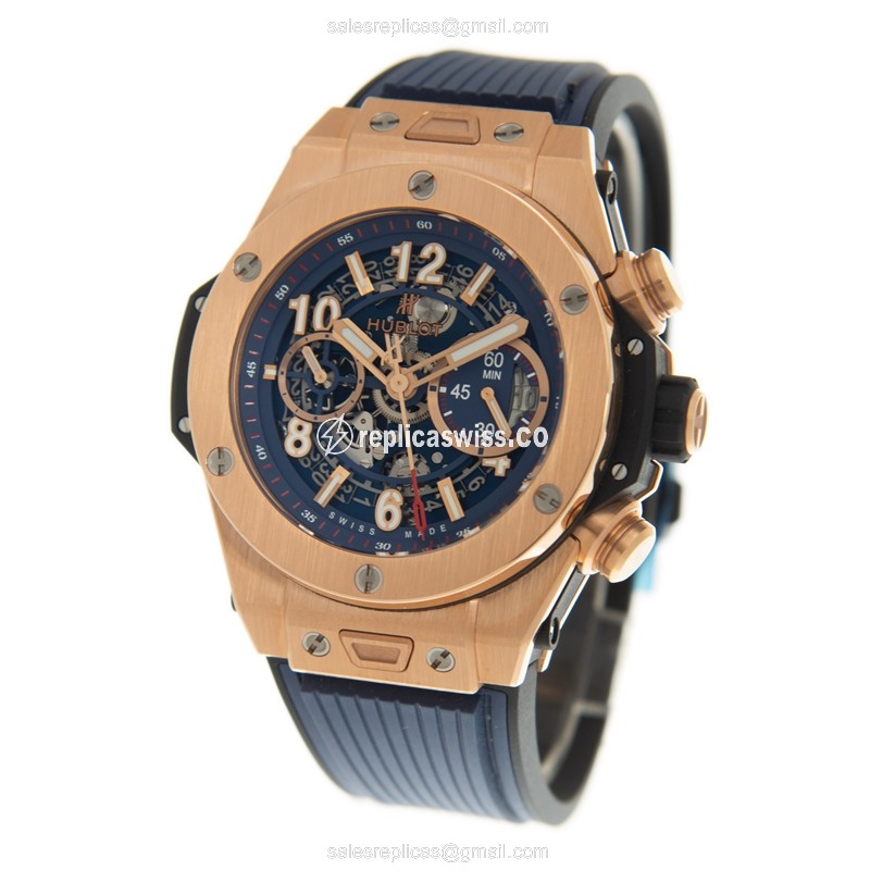 Hublot BIG BANG Replica - Automatic 18kt Rose Gold - Blue Dial & Rubber Strap - View 3