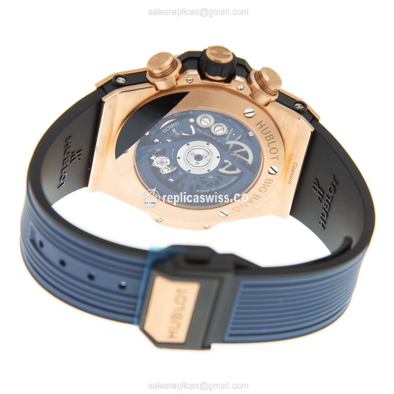 Hublot BIG BANG Replica - Automatic 18kt Rose Gold - Blue Dial & Rubber Strap - View 4