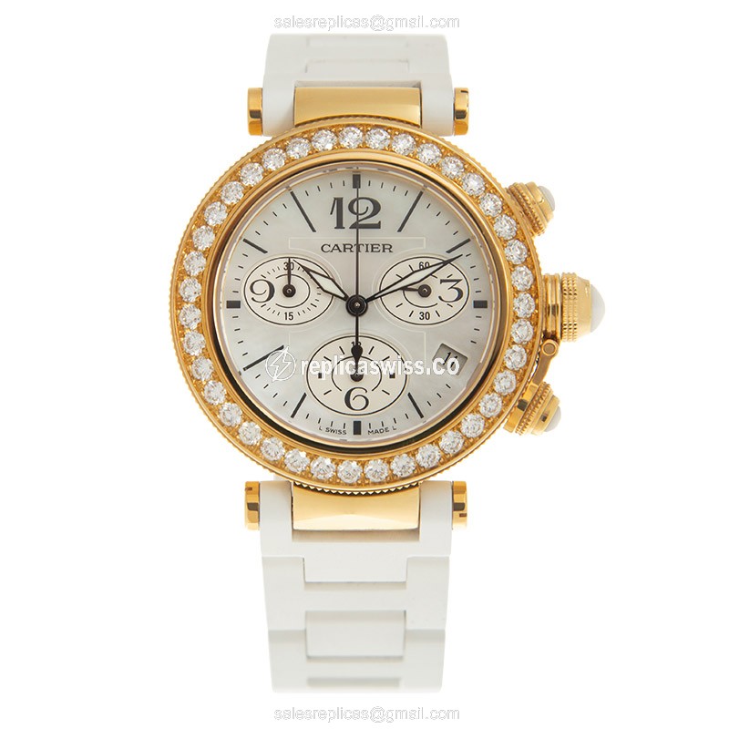 Cartier Pasha Replica - Quartz - 18kt Gold - Diamond Accents - White Dial - Alligator Strap - View 2
