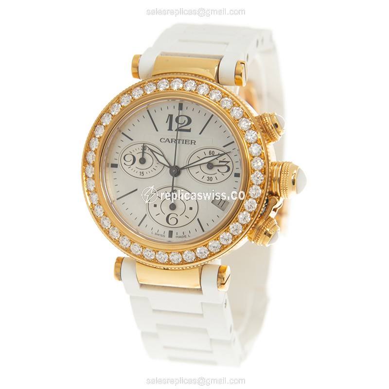 Cartier Pasha Replica - Quartz - 18kt Gold - Diamond Accents - White Dial - Alligator Strap - View 3