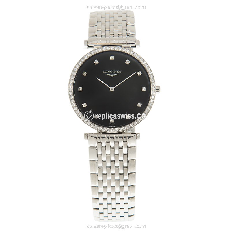 Longines LA GRANDE Replica - Quartz - Stainless Steel - Black Dial, Diamond Case - View 2