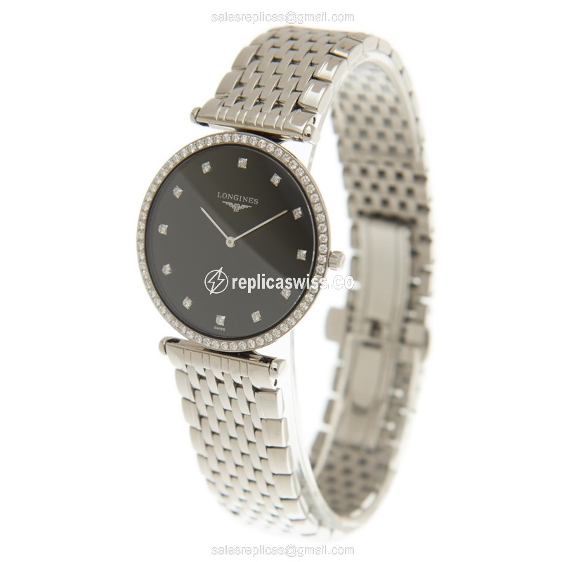 Longines LA GRANDE Replica - Quartz - Stainless Steel - Black Dial, Diamond Case - View 3