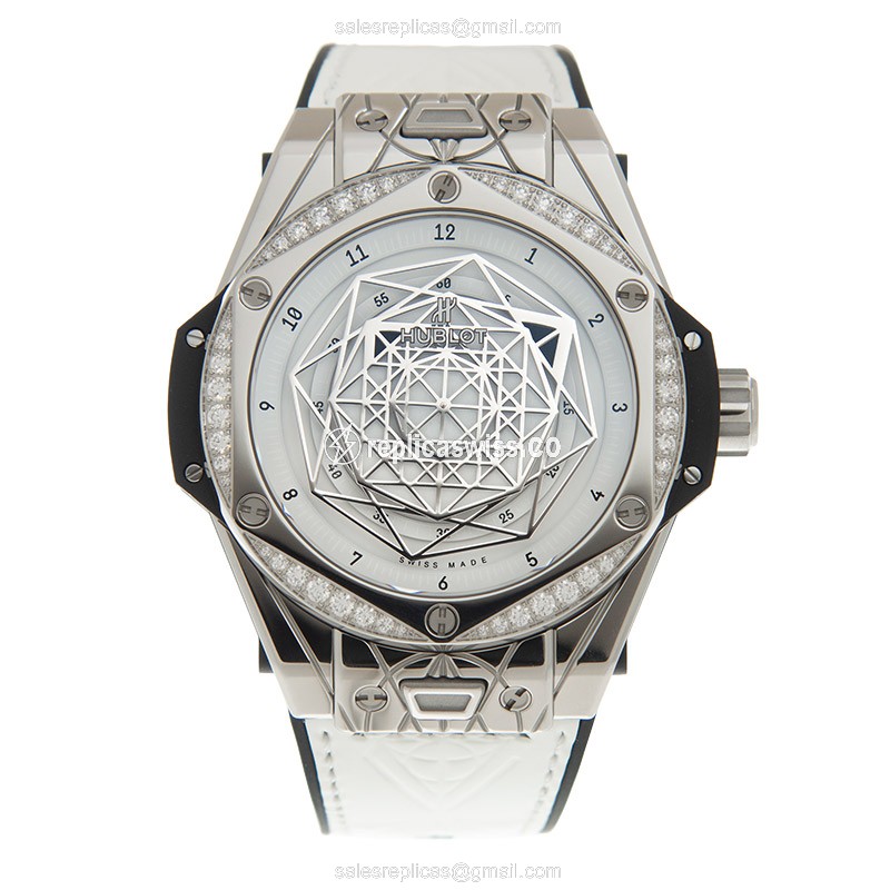 Hublot BIG BANG Replica - Automatic - Stainless Steel & Diamond - White Dial - Rubber Strap - View 2