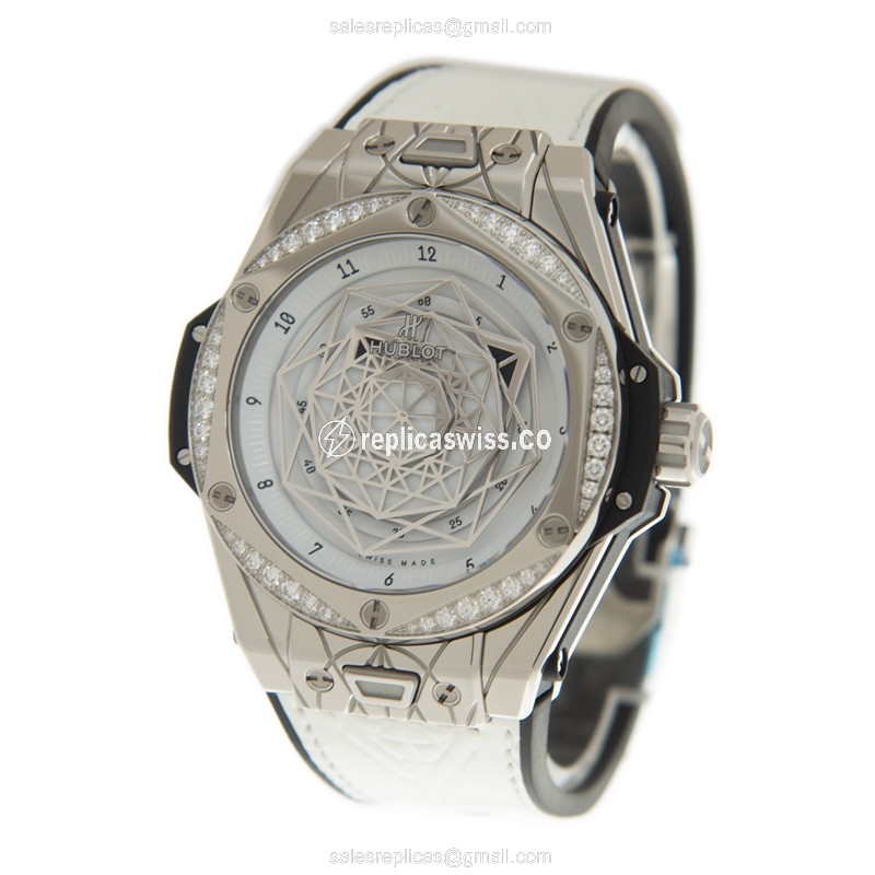 Hublot BIG BANG Replica - Automatic - Stainless Steel & Diamond - White Dial - Rubber Strap - View 3