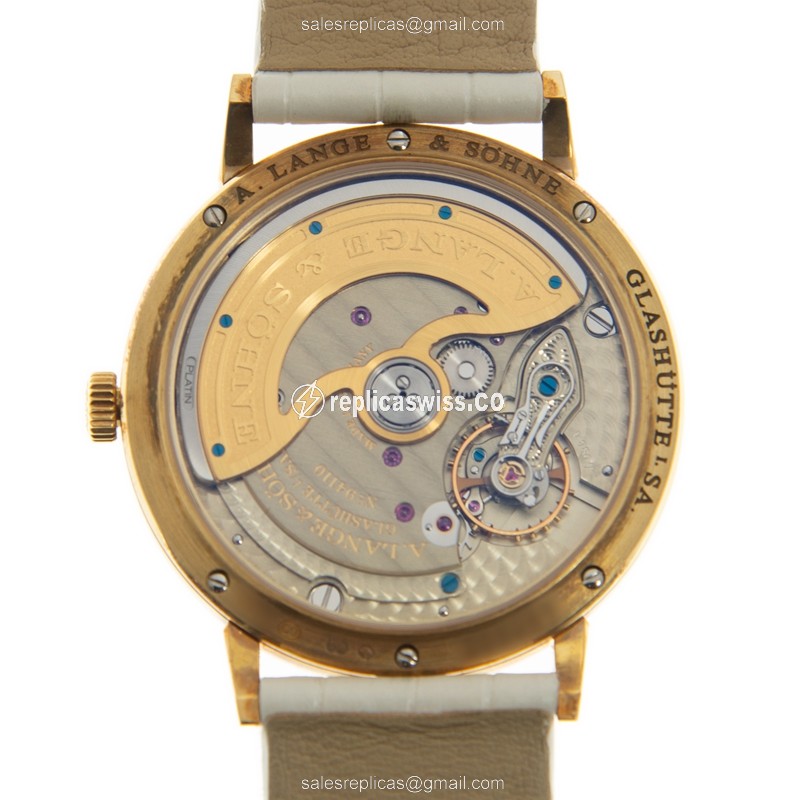 A Lange & Sohne SAXONIA Replica - Automatic - 18kt Gold - White Dial - Diamond Accents - Alligator White Strap - View 3