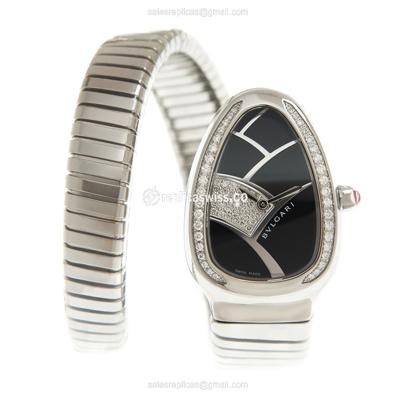 Bulgari Serpenti Quartz Replica - Diamonds - Black Dial - Silver Steel Bangle - View 2