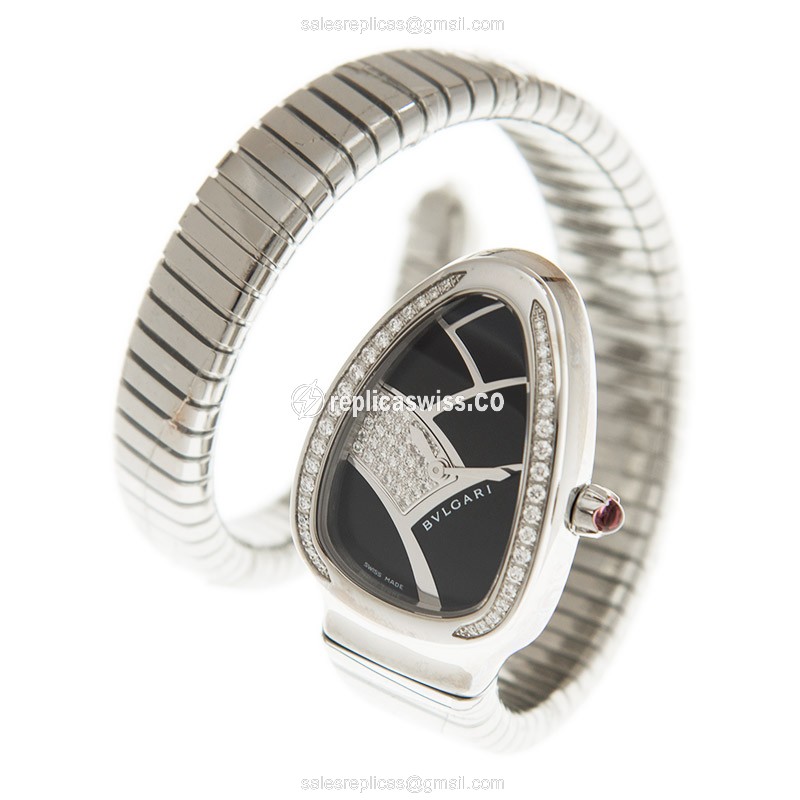 Bulgari Serpenti Quartz Replica - Diamonds - Black Dial - Silver Steel Bangle - View 3