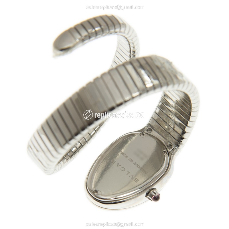 Bulgari Serpenti Quartz Replica - Diamonds - Black Dial - Silver Steel Bangle - View 4