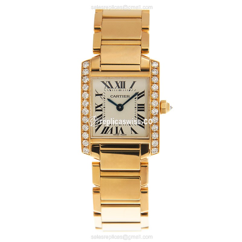 Cartier TANK Replica - Quartz - 18kt Gold Case - Diamond - White Dial - View 2
