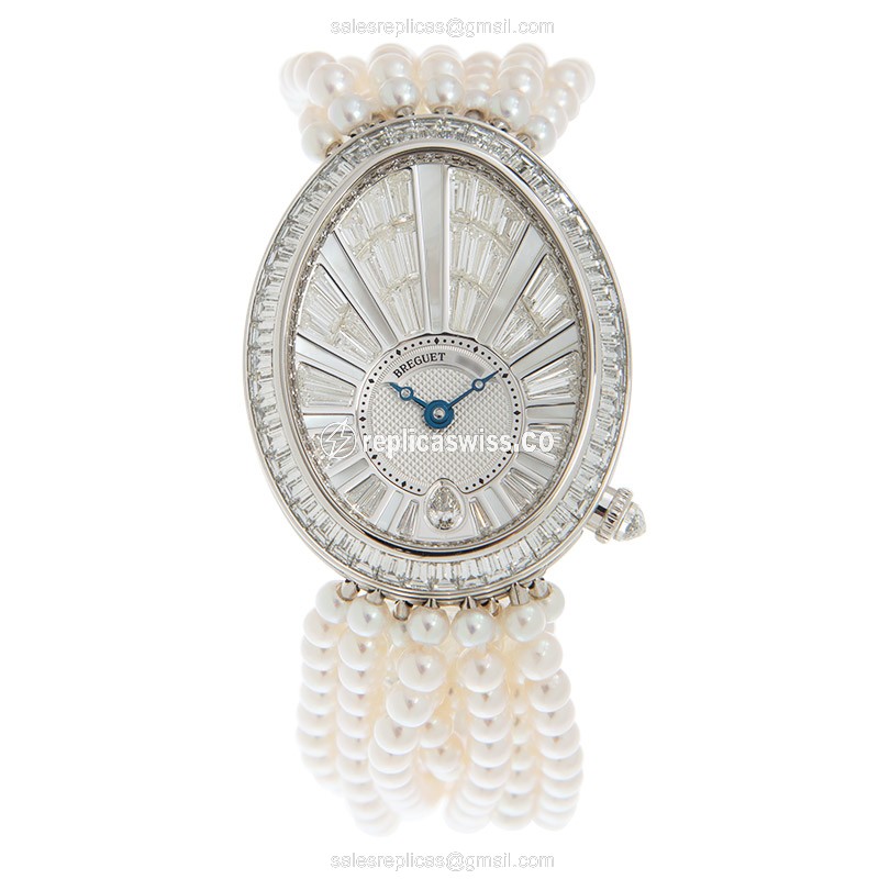 Breguet Reine de Naples Replica - Automatic - 18kt White Gold - Diamond - Silver Dial - White Pearl Strap - View 2