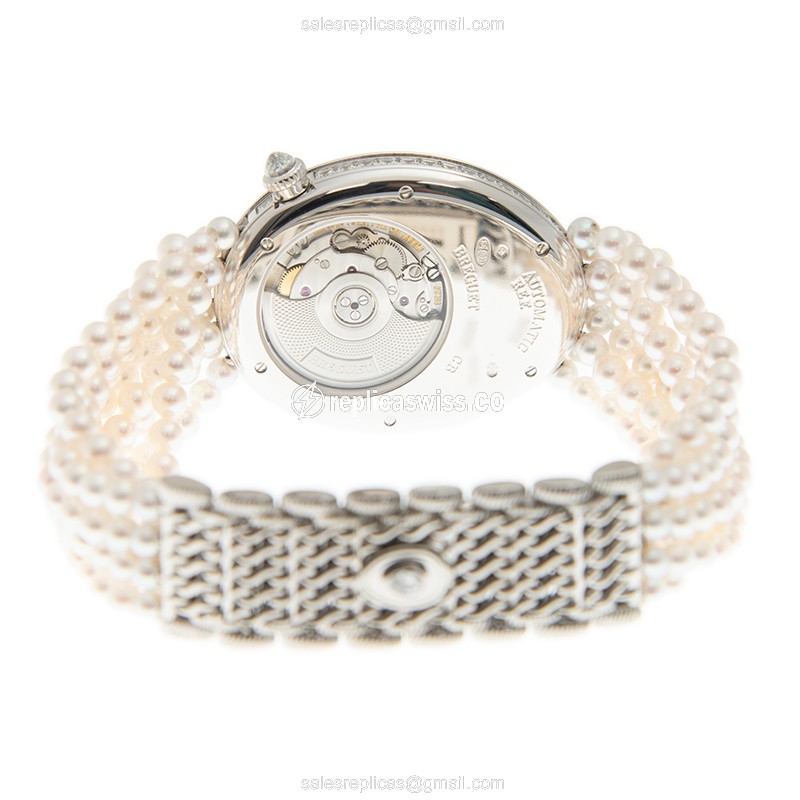 Breguet Reine de Naples Replica - Automatic - 18kt White Gold - Diamond - Silver Dial - White Pearl Strap - View 4