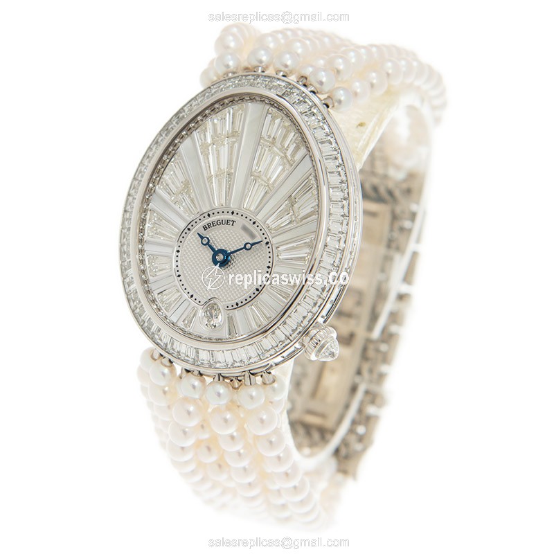 Breguet Reine de Naples Replica - Automatic - 18kt White Gold - Diamond - Silver Dial - White Pearl Strap - View 3