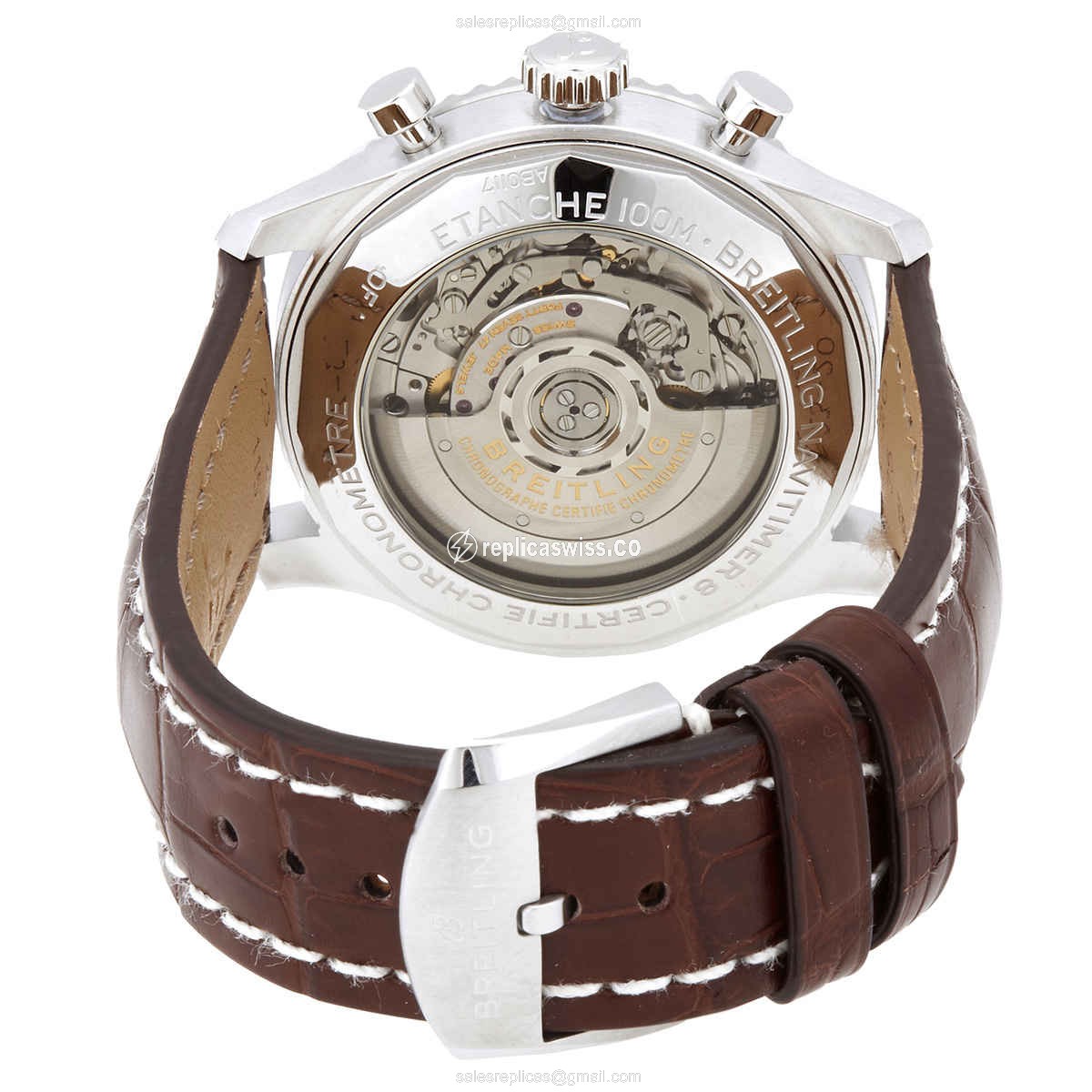 Breitling AVIATOR 8 Replica - Automatic - Steel Case - Silver Dial - Brown Alligator Strap - View 3