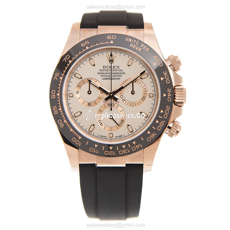 Rolex Daytona Replica: Automatic - 18kt Rose Gold - Ivory Dial - Black Rubber - View 2