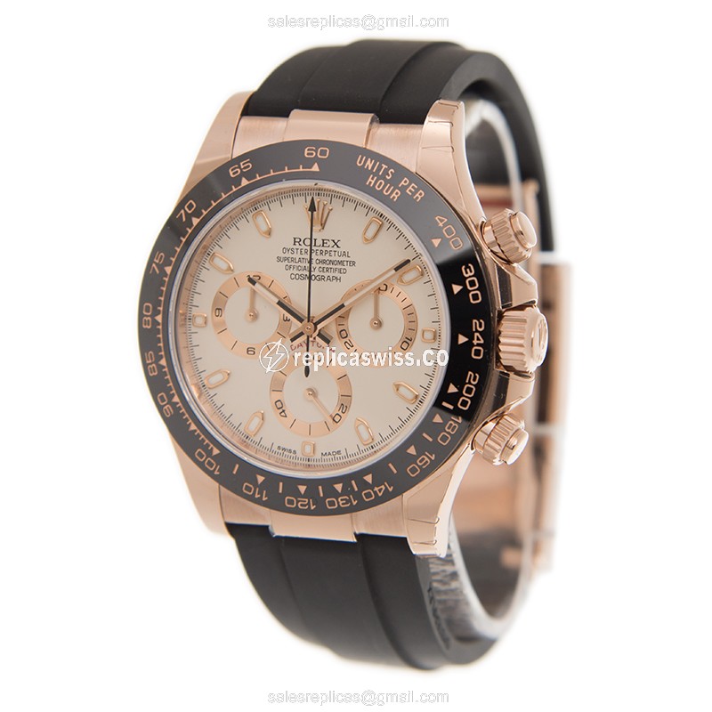 Rolex Daytona Replica: Automatic - 18kt Rose Gold - Ivory Dial - Black Rubber - View 3