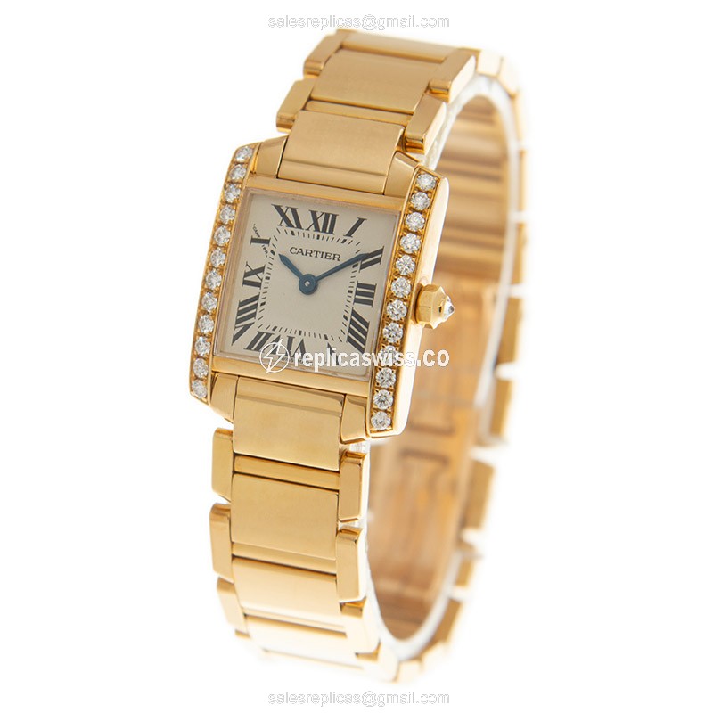 Cartier TANK Replica - Quartz - 18kt Gold Case - Diamond - White Dial - View 3