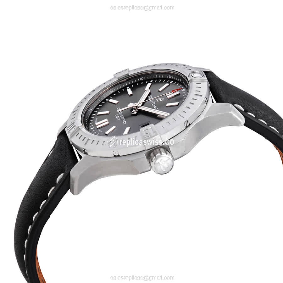Breitling Chronomat B01 Replica - Automatic - Steel Case - Gray Dial - Black Leather Strap - View 2