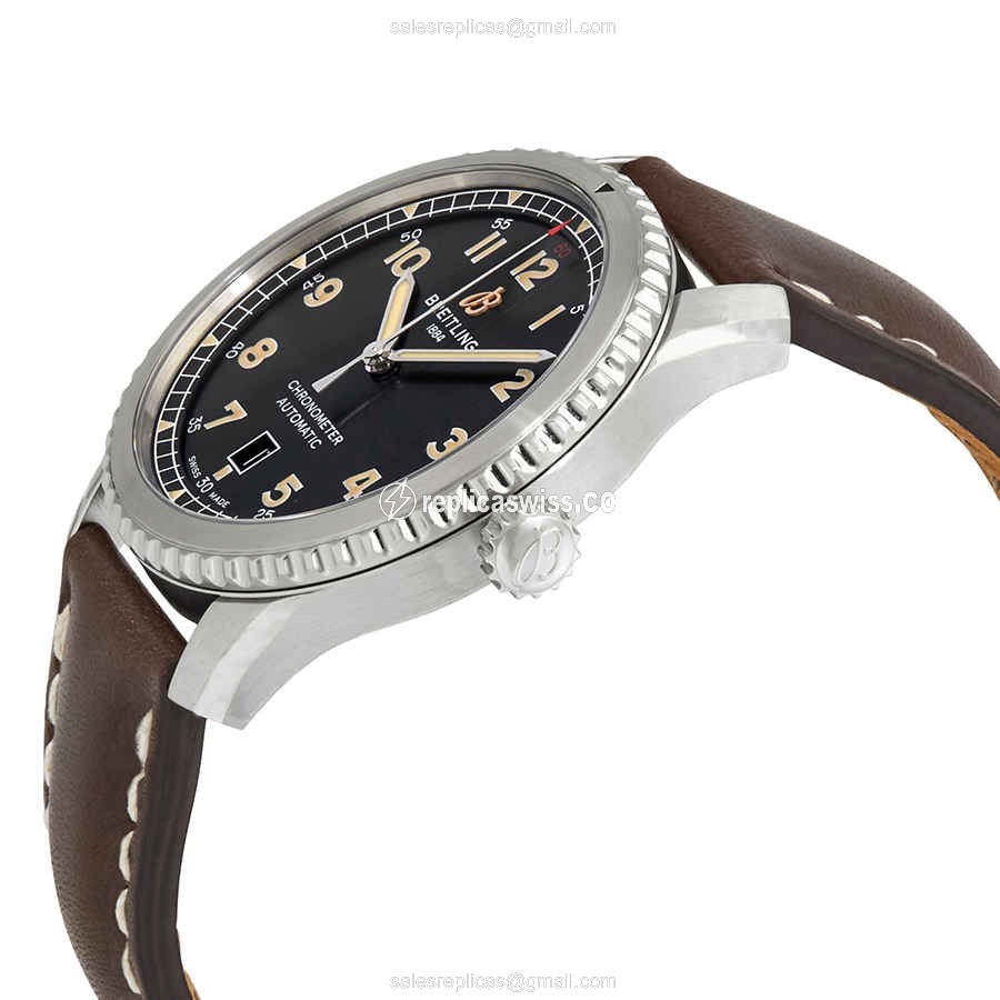 Breitling AVIATOR 8 Replica - Automatic - Black Dial - Brown Alligator Strap - Buckle Clasp - View 2