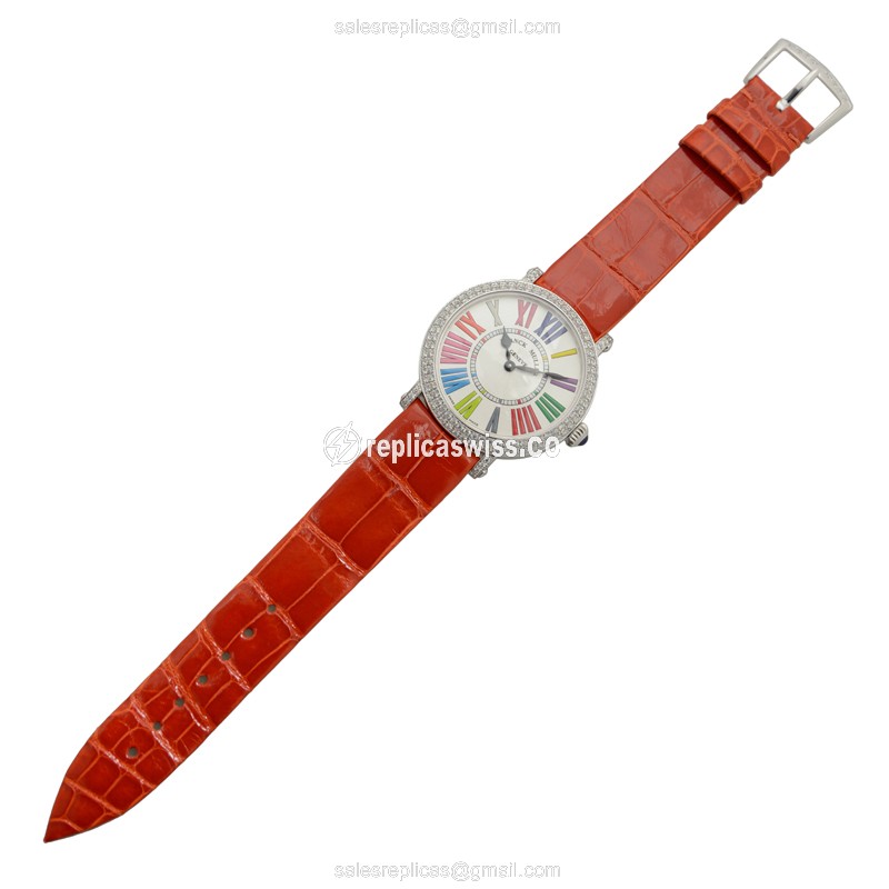 Franck Muller 8035 QZ COL DRM R D AC Quartz - White Dial - Diamond Case - Orange Alligator Buckle - View 2