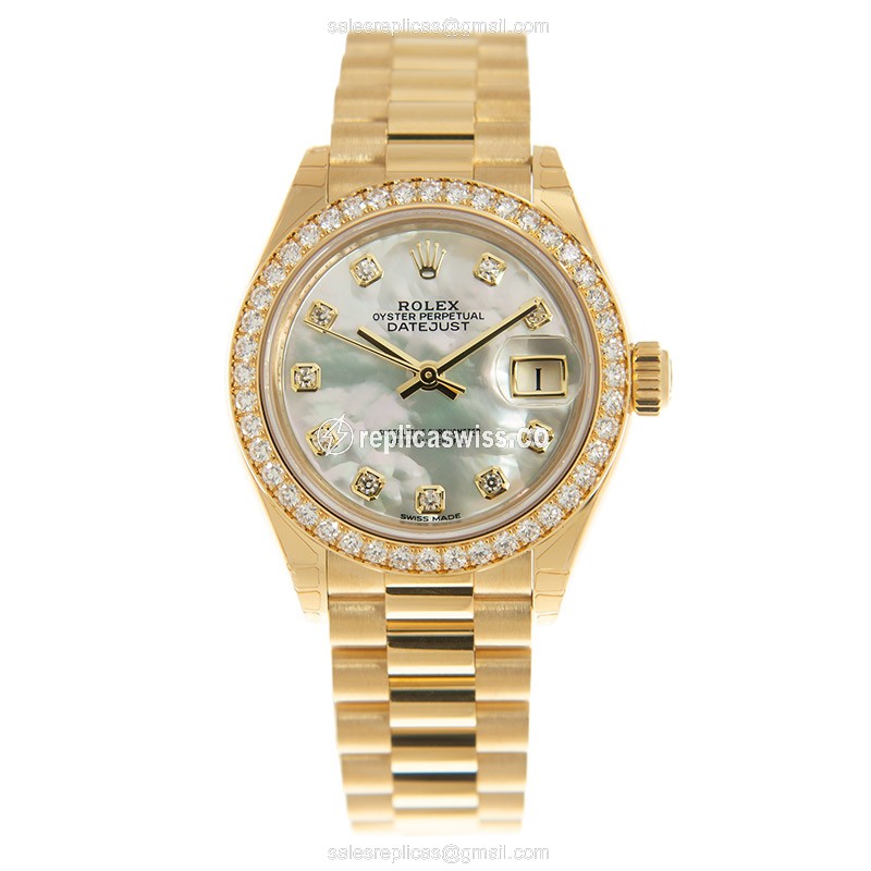 Rolex Lady Datejust Replica - 18kt Gold - White Dial on Gold Strap - View 2