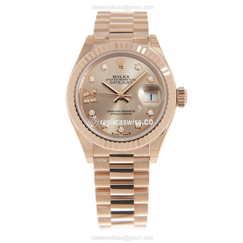 Rolex Lady Datejust Replica - Automatic, 18kt Gold, Pink Dial, Gold Clasp & Strap - View 2