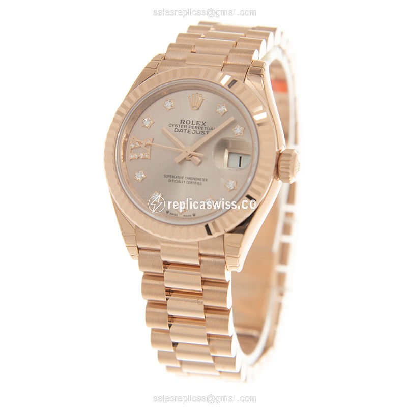Rolex Lady Datejust Replica - Automatic, 18kt Gold, Pink Dial, Gold Clasp & Strap - View 3