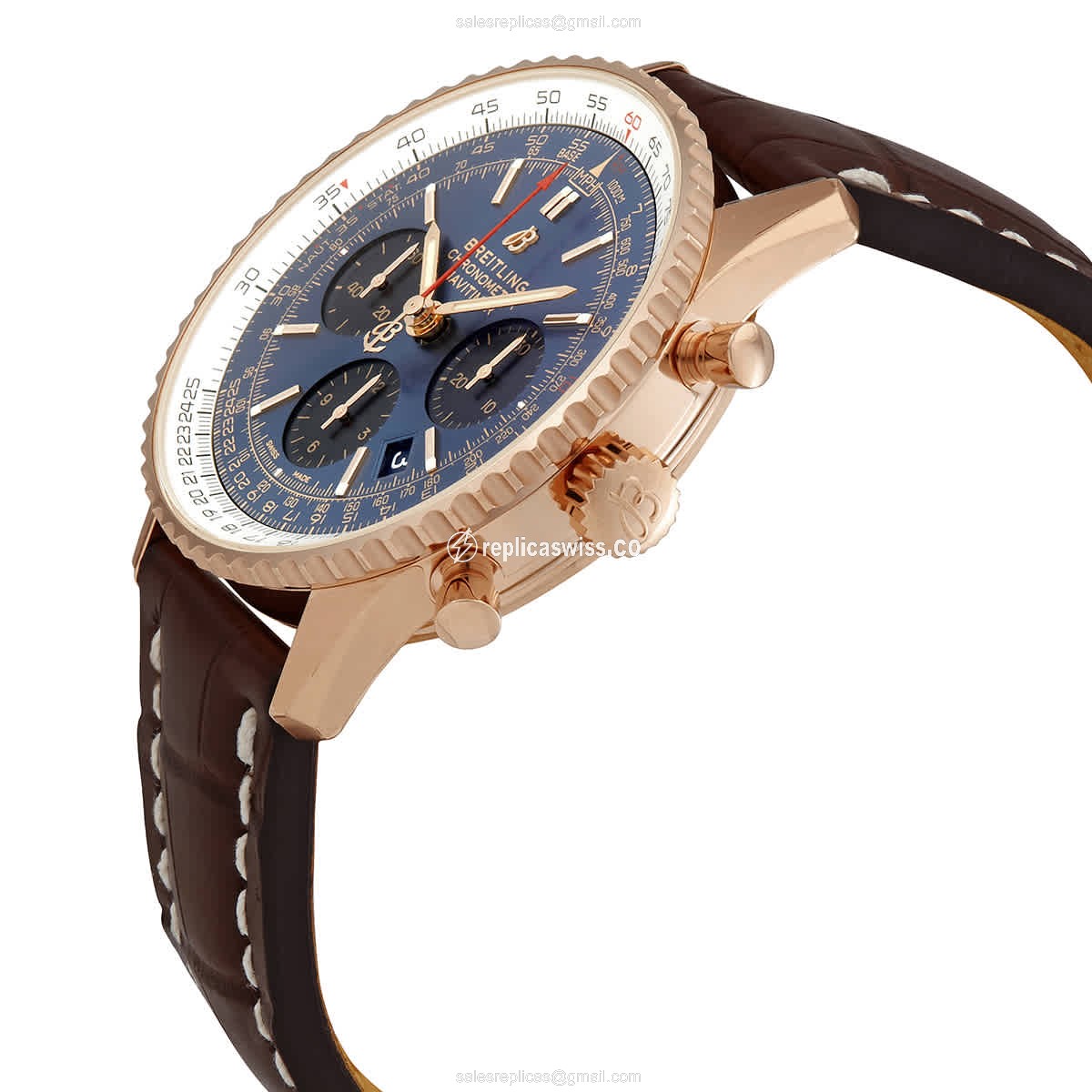 Breitling RB0121211C1P2 Replica - Auto - 18kt Rose Gold Case - Blue Dial - Brown Alligator Strap - View 2