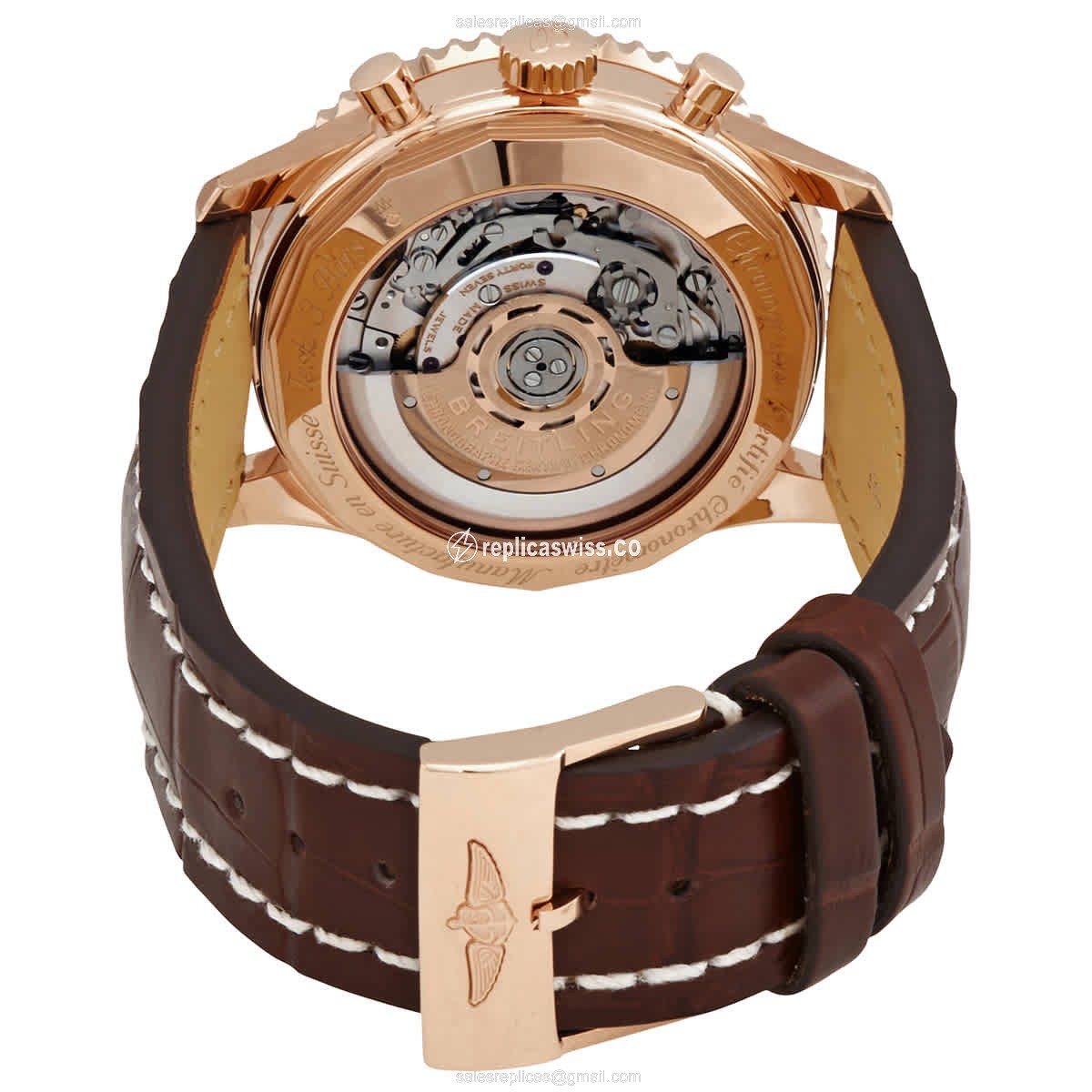 Breitling RB0121211C1P2 Replica - Auto - 18kt Rose Gold Case - Blue Dial - Brown Alligator Strap - View 3