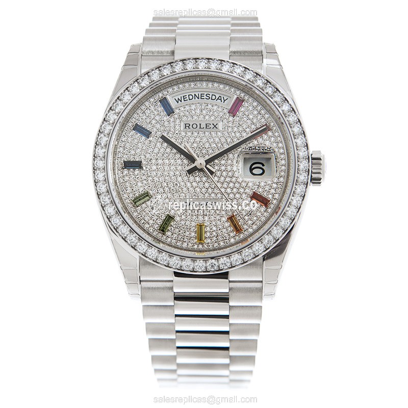 Rolex DAY-DATE Replica - Automatic - 18kt White Gold Case - Silver Dial - Diamond Clasp - View 2