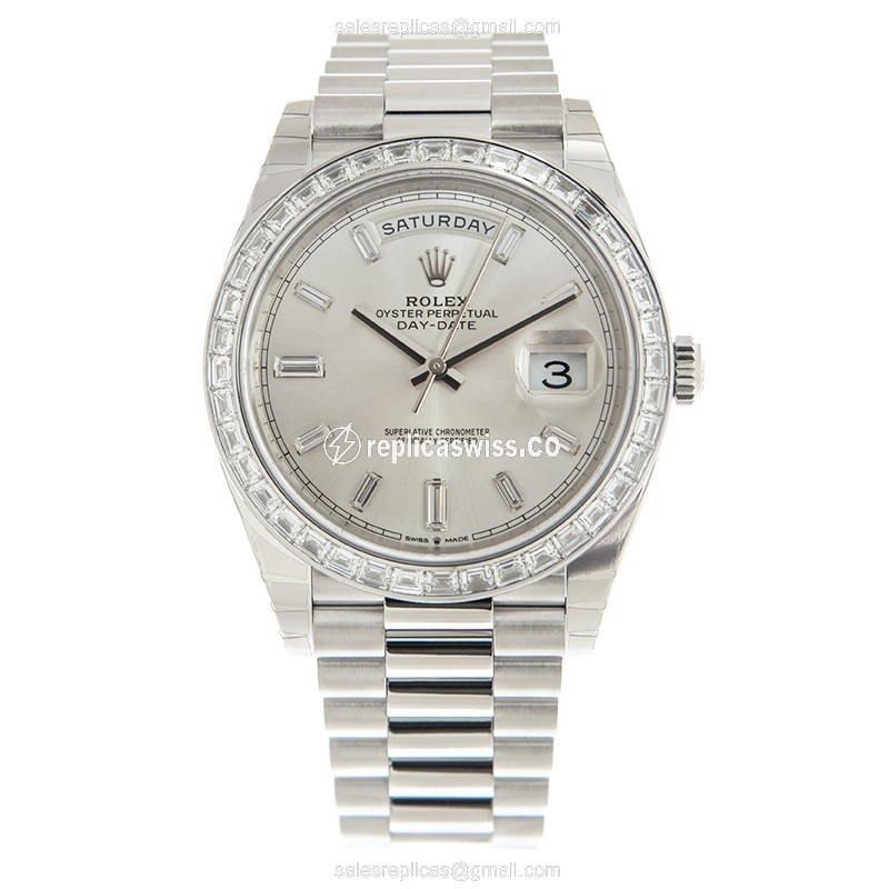 Rolex DAY-DATE Replica - Automatic - 950 Platinum Case - Silver Dial, Diamond Clasp - View 2